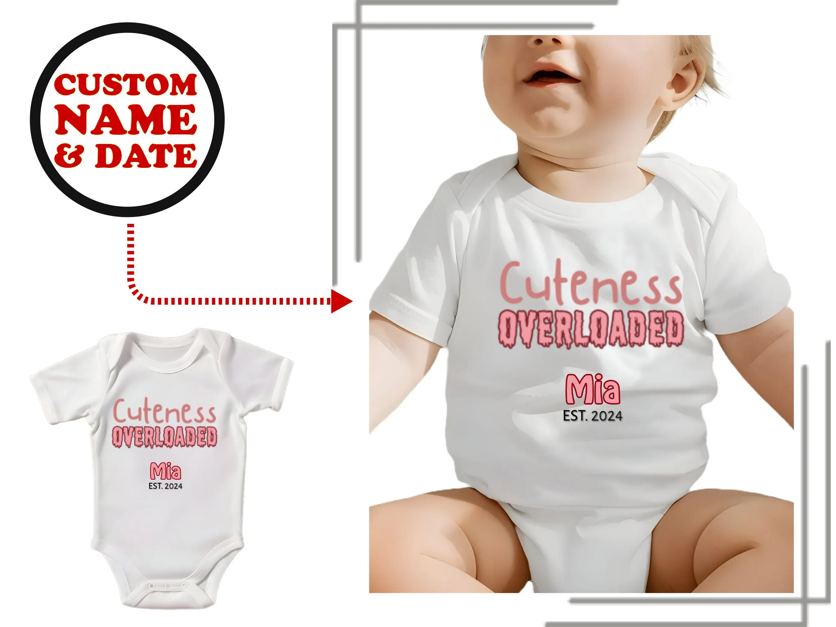Custom Name Baby Girl's Bodysuit With Text Cuteness Overloaded