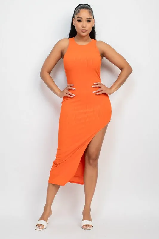 Diagonal Hem Rib Sleeveless Dress