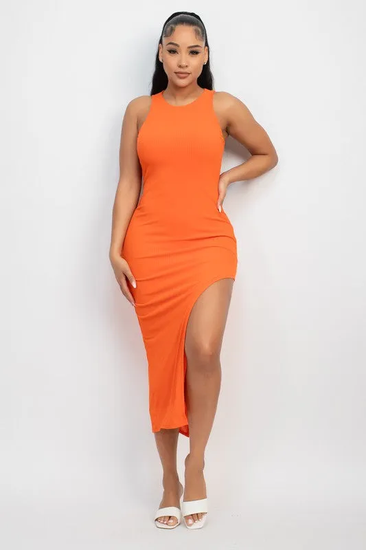 Diagonal Hem Rib Sleeveless Dress