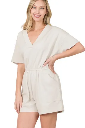 Drop Shoulder V-Neck Romper with Pockets