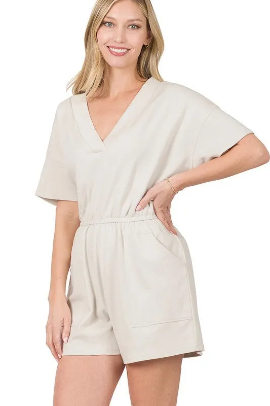 Drop Shoulder V-Neck Romper with Pockets