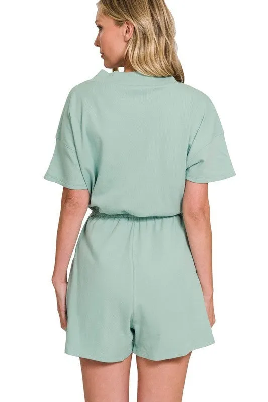 Drop Shoulder V-Neck Romper with Pockets