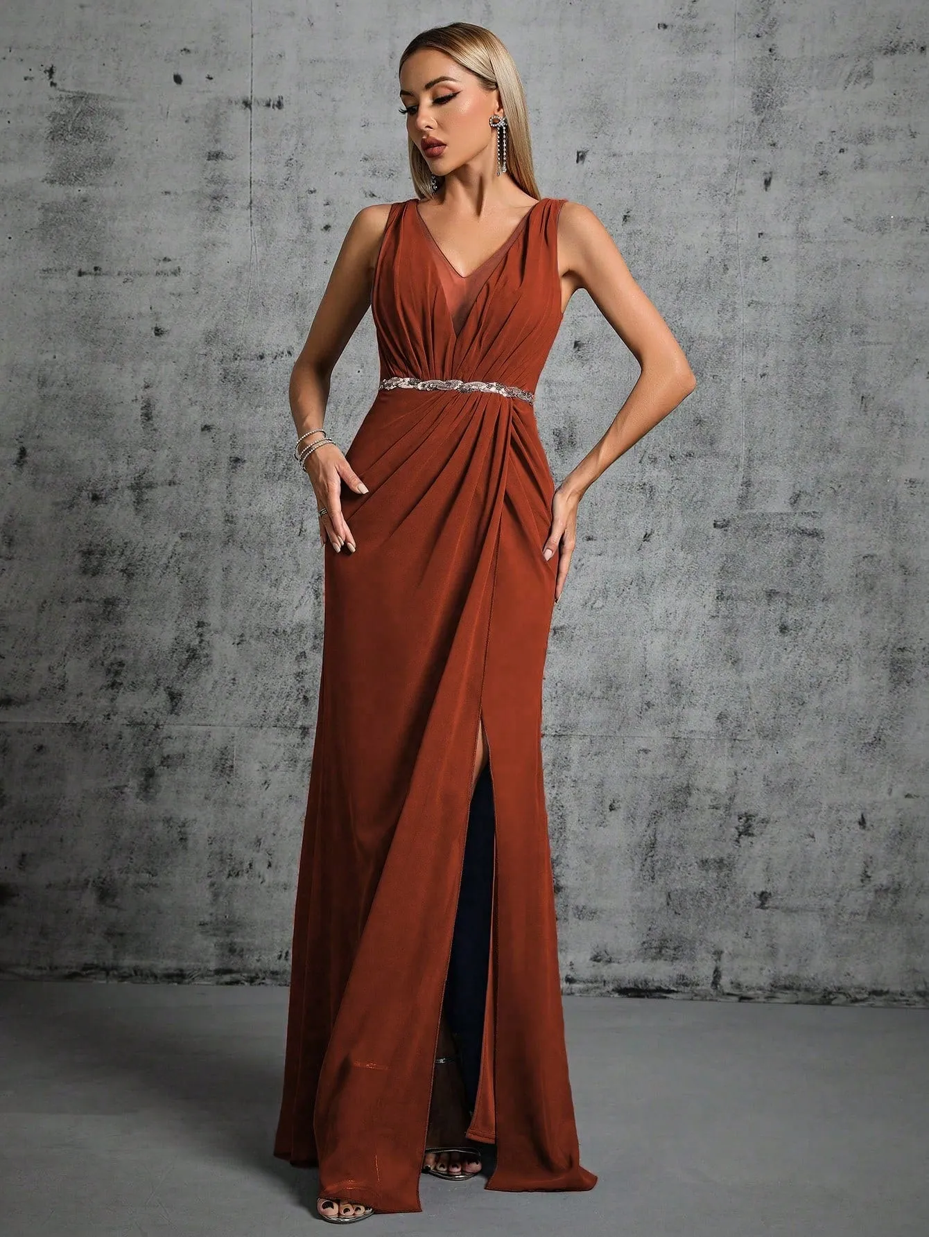 Elegant Brown Slim Fit V Neck Split Formal Dress