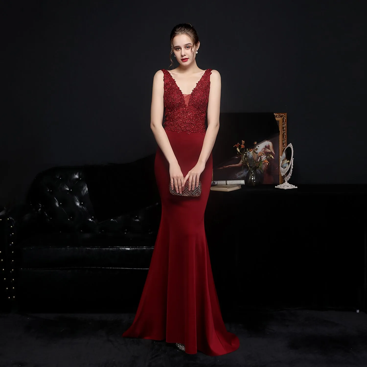 Elegant Lace Diamond Fishtail Evening Dress