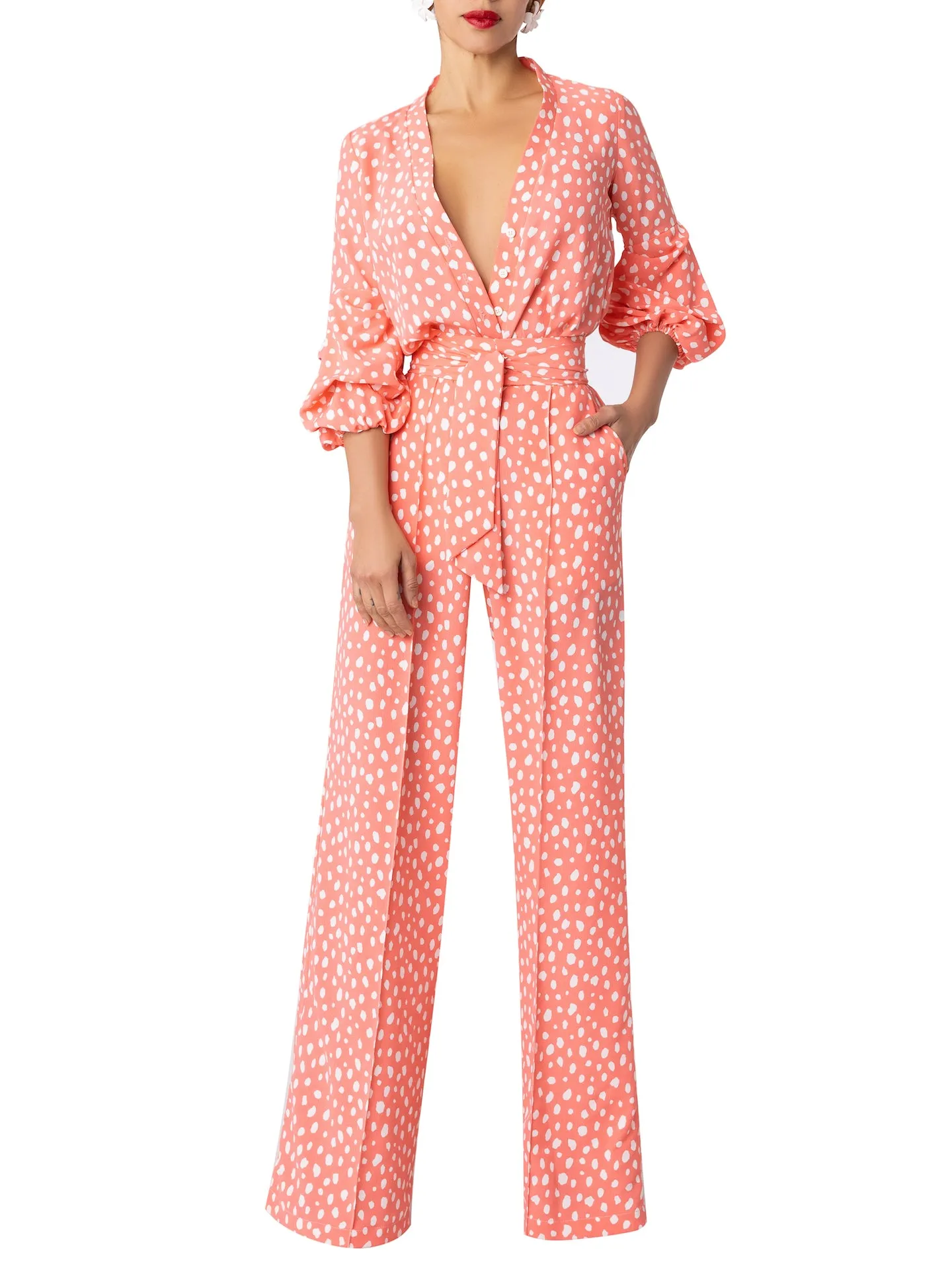 “Elle” Coral Polka Dot Jumpsuit