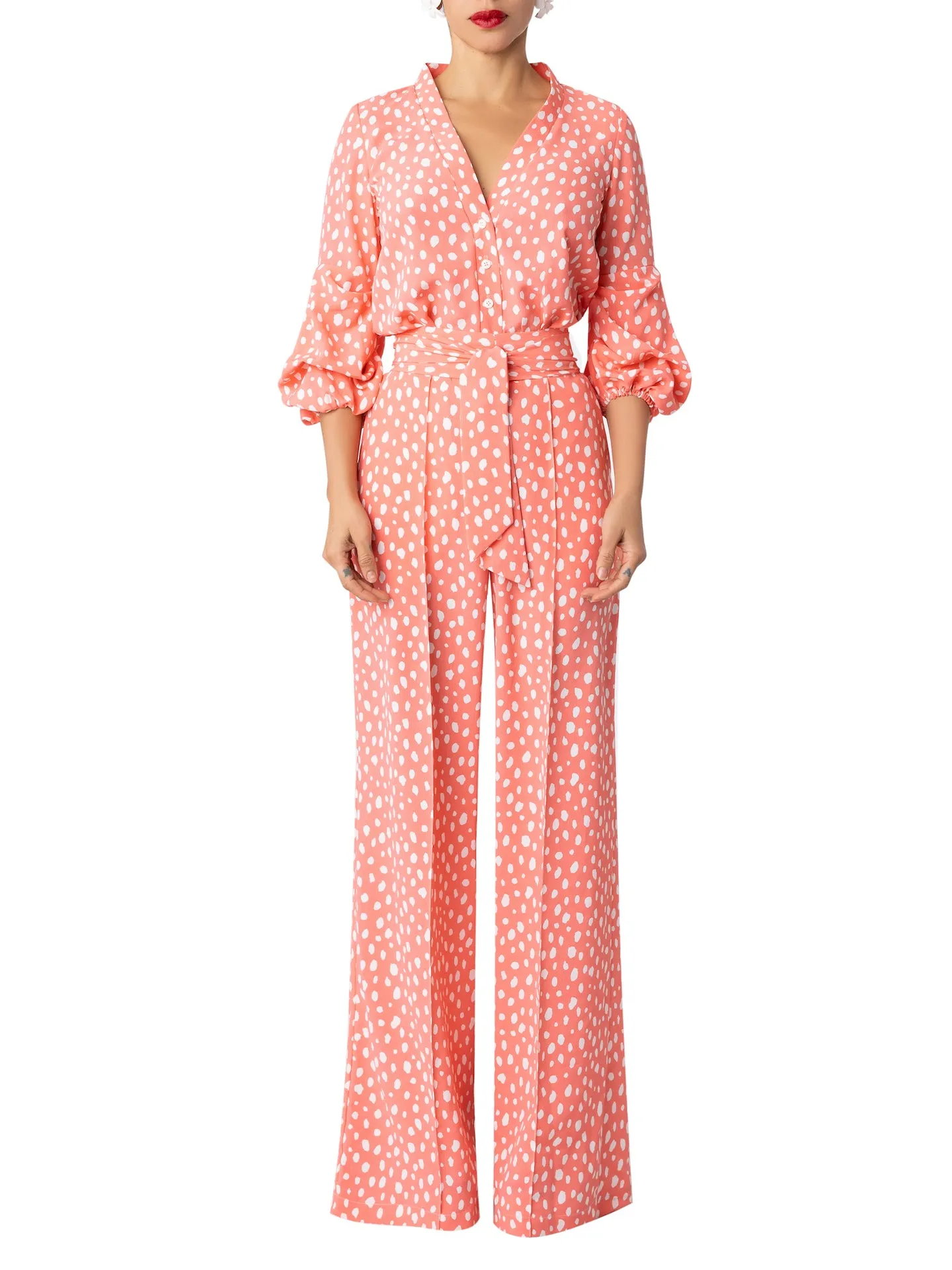 “Elle” Coral Polka Dot Jumpsuit