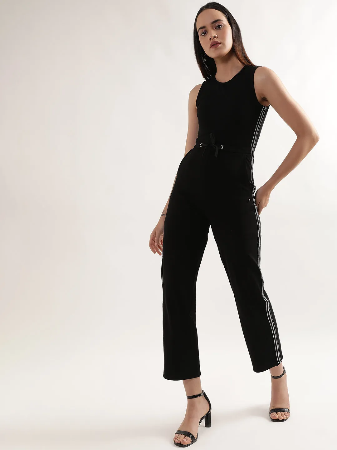 Elle Women Black Solid Round Neck Sleeveless Basic Jumpsuit