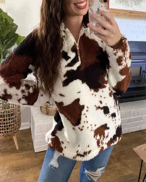 elveswallet Cow print polar fleece zipper sweatshirt