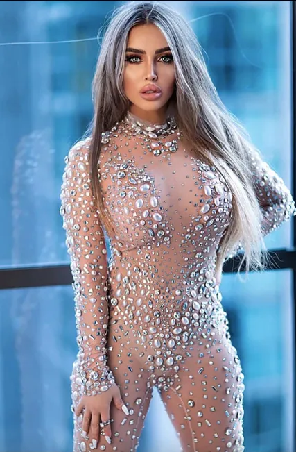 Embellished Catsuit Rhinestones Jumpsuit Crystal Outfits Pearls Bodysuit Shows Costume