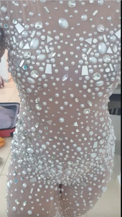 Embellished Catsuit Rhinestones Jumpsuit Crystal Outfits Pearls Bodysuit Shows Costume