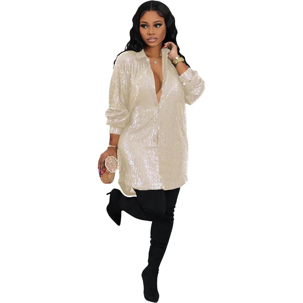 Fashion Sequined Long Sleeve Shirt