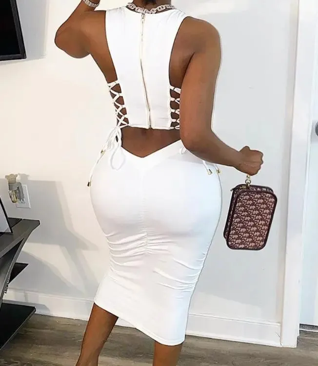 Fashionable Midi Bodycon Dress with Sexy Cut-Outs and Lace-Up Details