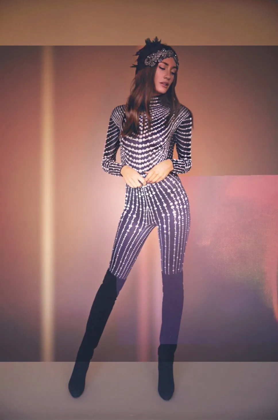 Festival Outfit Mirror Jumpsuit Party Outfit Rhinestone Pearls Bodysuit Costume