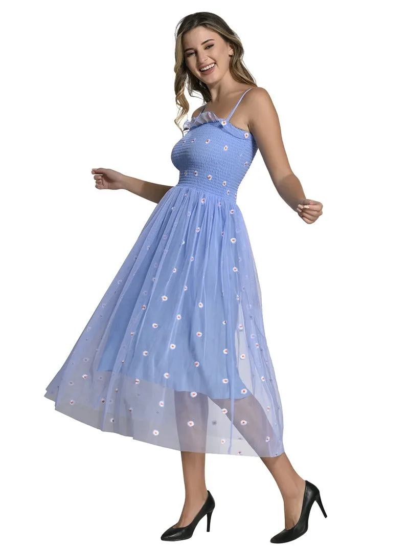 FIMS Fashion Women Embellished Net Floral Midi Fit & Flare Dress Blue
