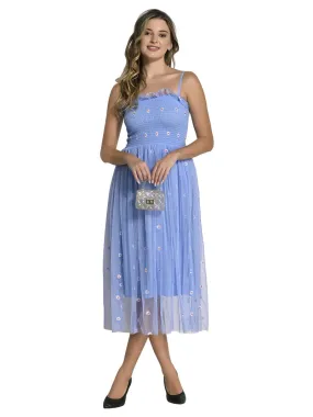 FIMS Fashion Women Embellished Net Floral Midi Fit & Flare Dress Blue