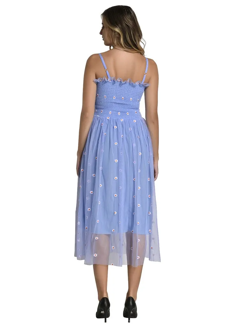 FIMS Fashion Women Embellished Net Floral Midi Fit & Flare Dress Blue