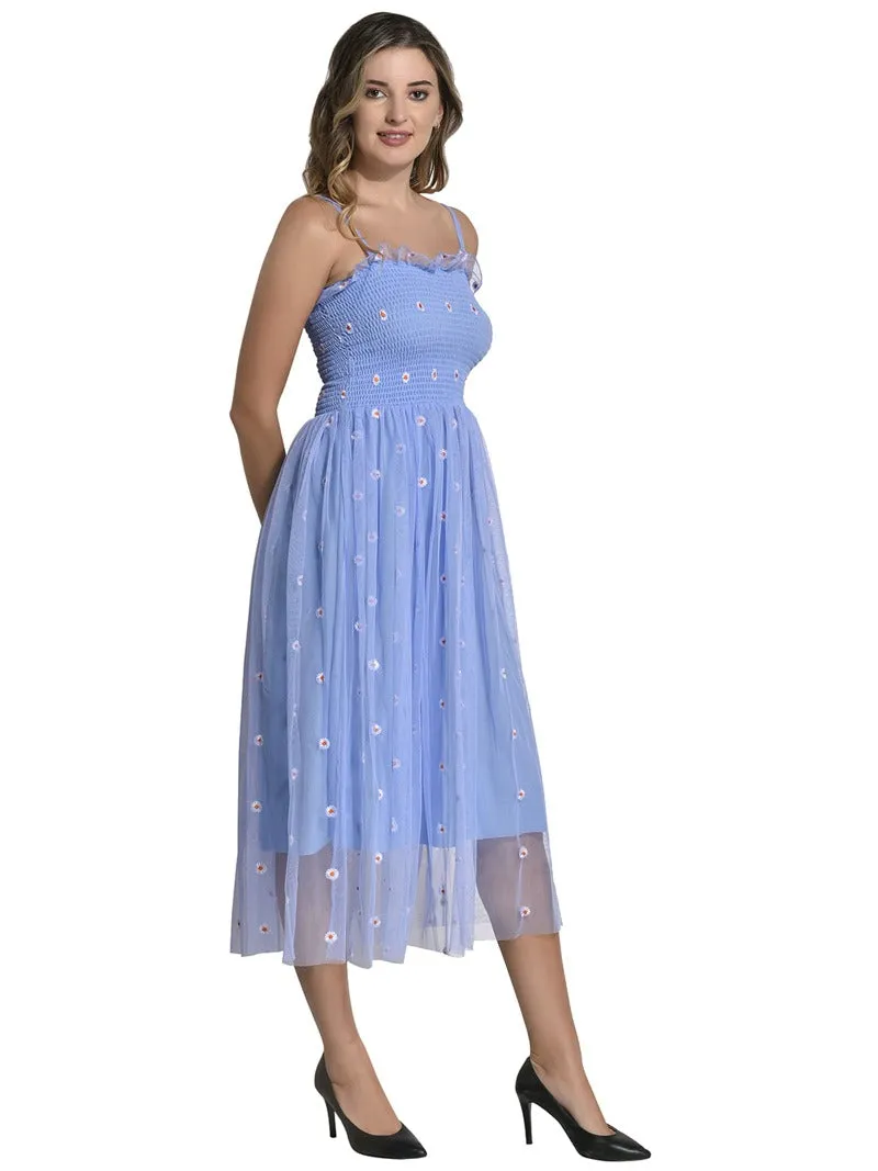 FIMS Fashion Women Embellished Net Floral Midi Fit & Flare Dress Blue