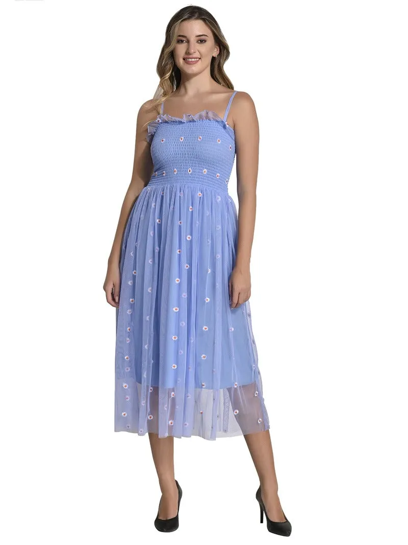 FIMS Fashion Women Embellished Net Floral Midi Fit & Flare Dress Blue