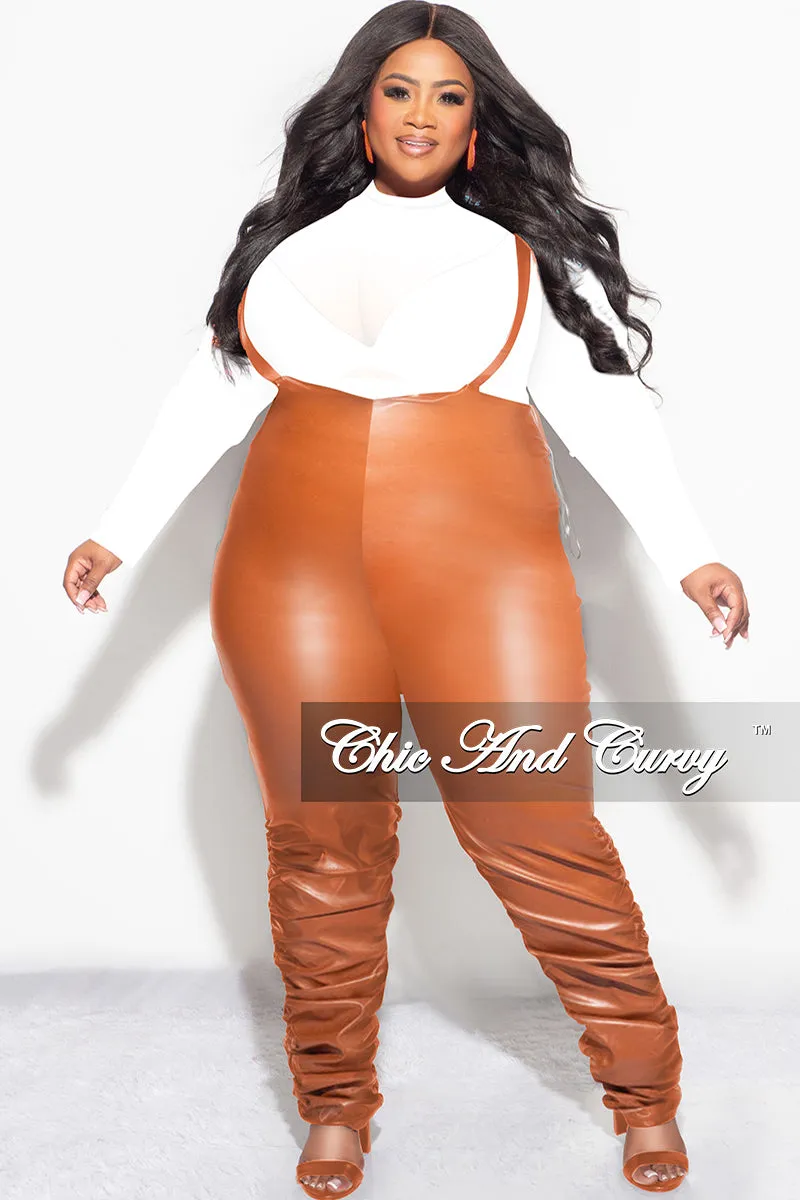 Final Sale Plus Size Vegan Leather Overalls (Only) Jumpsuit with Ruched Legs in Camel