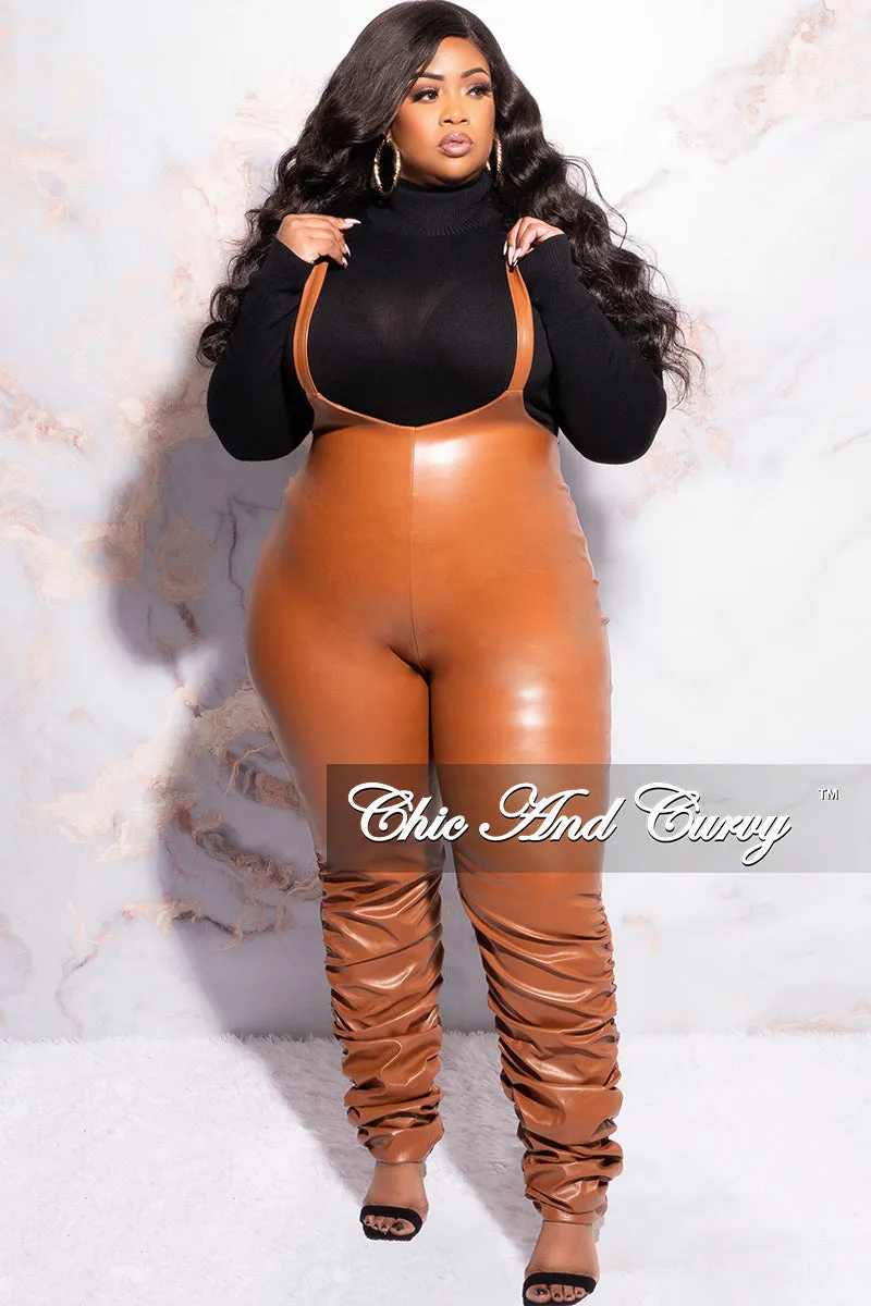 Final Sale Plus Size Vegan Leather Overalls (Only) Jumpsuit with Ruched Legs in Camel