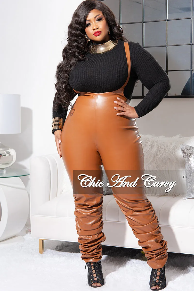 Final Sale Plus Size Vegan Leather Overalls (Only) Jumpsuit with Ruched Legs in Camel