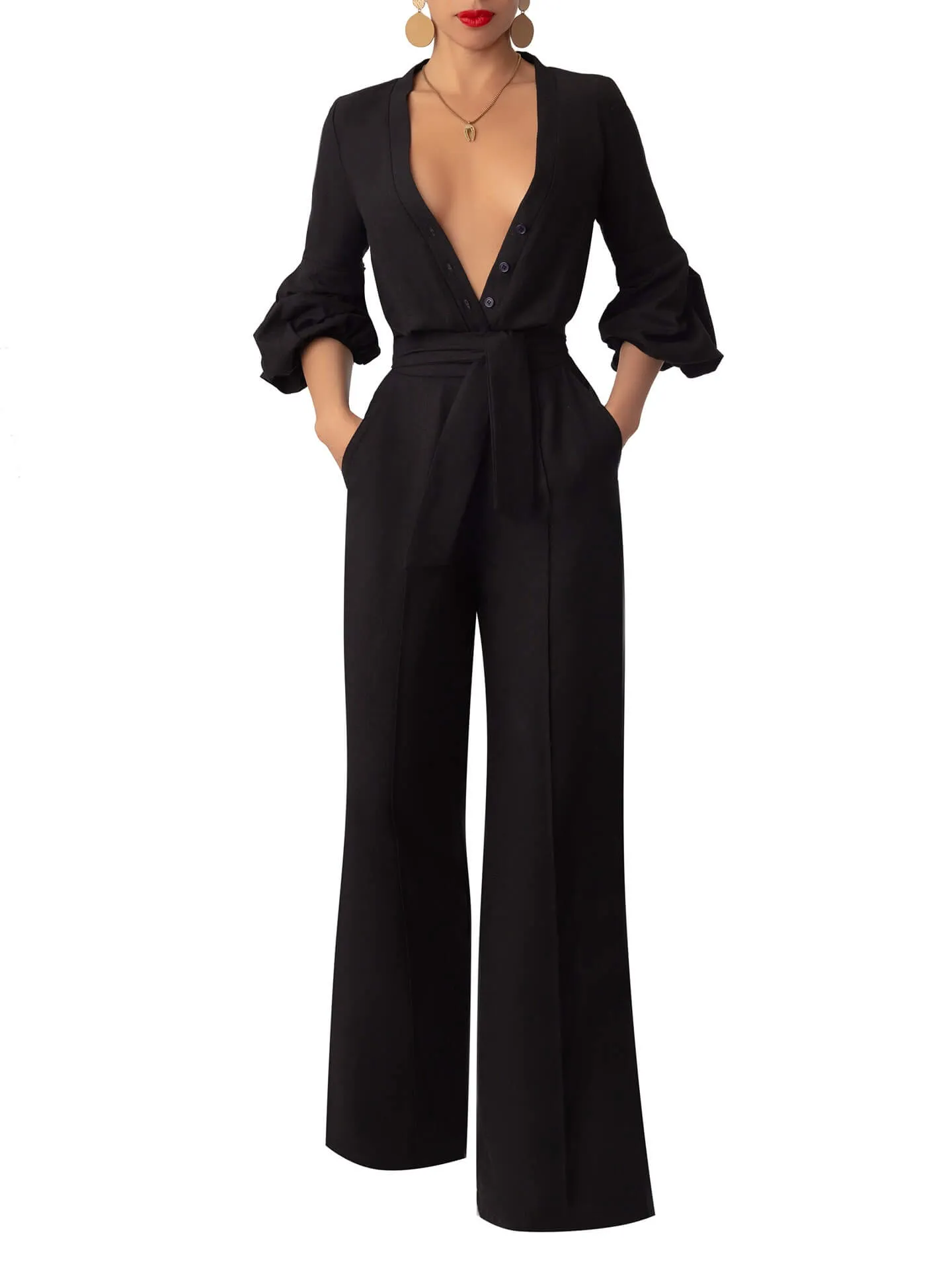 “Fẹlá” Button-Down Black Belted Linen Jumpsuit