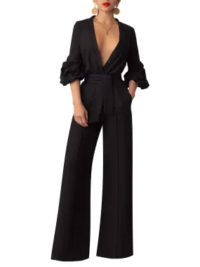 “Fẹlá” Button-Down Black Belted Linen Jumpsuit
