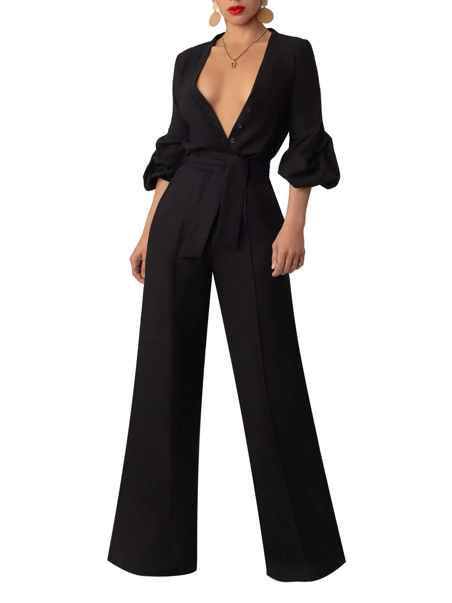 “Fẹlá” Button-Down Black Belted Linen Jumpsuit