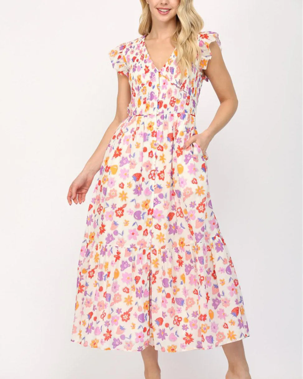 Floral Midi Dress -White/Multi