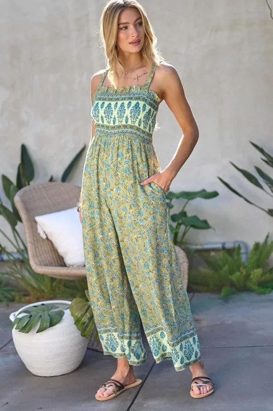 FLORAL SMOCKED DETAIL WITH RUFFLE JUMPSUIT