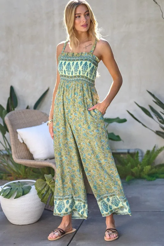 FLORAL SMOCKED DETAIL WITH RUFFLE JUMPSUIT