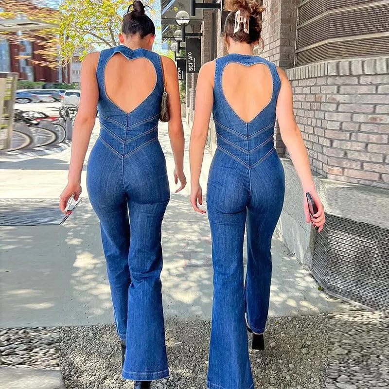 Free People Denim Jumpsuit – Slim Fit, Heart-Shaped Backless, Retro Style