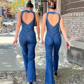 Free People Denim Jumpsuit – Slim Fit, Heart-Shaped Backless, Retro Style