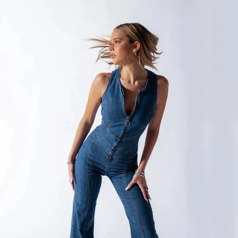 Free People Denim Jumpsuit – Slim Fit, Heart-Shaped Backless, Retro Style