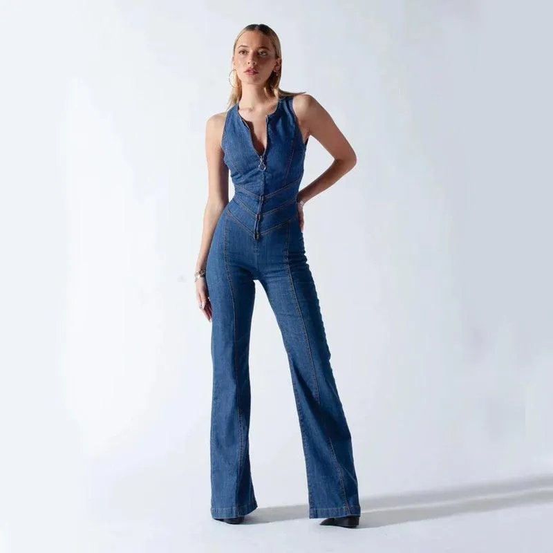 Free People Denim Jumpsuit – Slim Fit, Heart-Shaped Backless, Retro Style