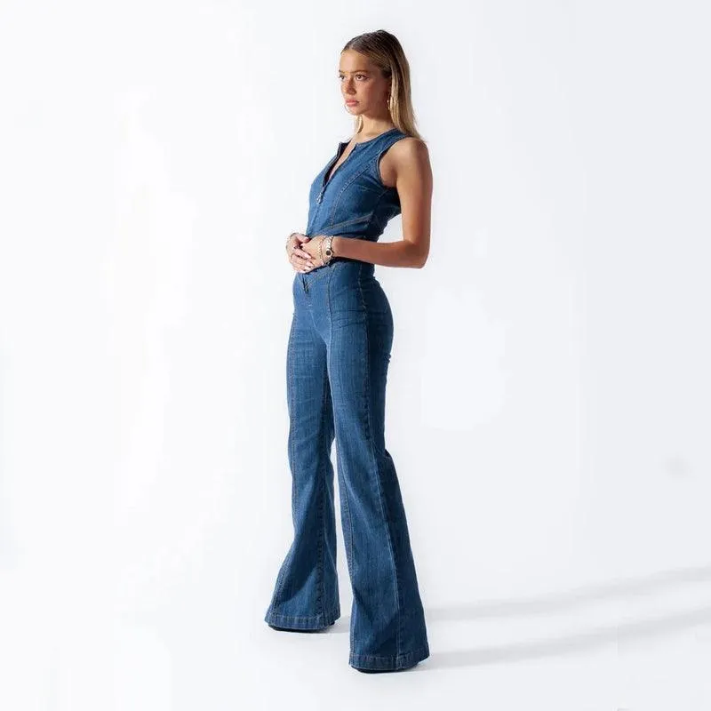 Free People Denim Jumpsuit – Slim Fit, Heart-Shaped Backless, Retro Style