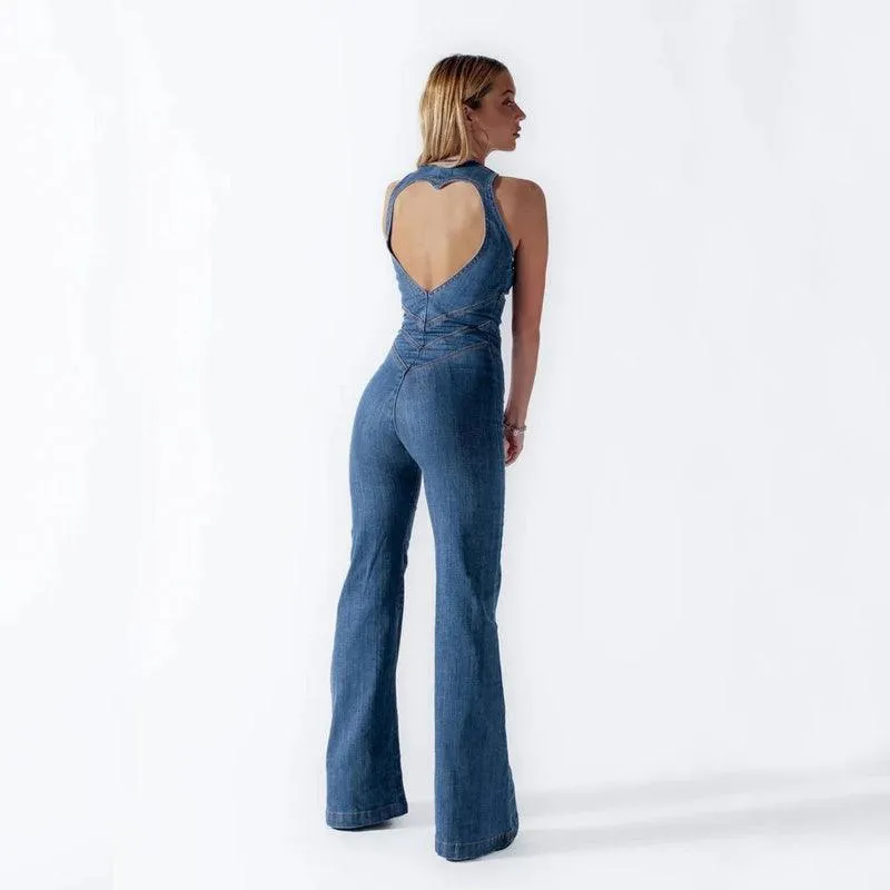 Free People Denim Jumpsuit – Slim Fit, Heart-Shaped Backless, Retro Style