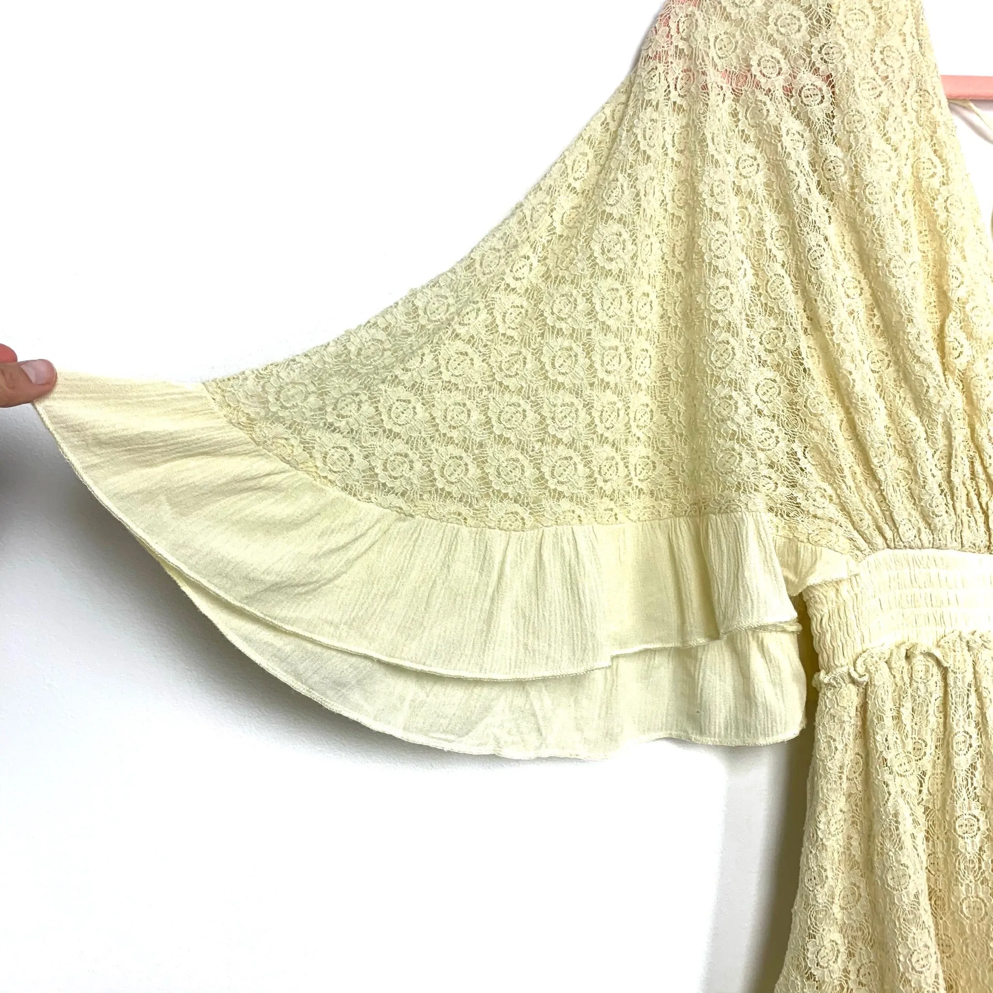 Free People Light Yellow Crochet Lace V-Neck Button Detail Romper (looks like a dress!) NWT- Size S