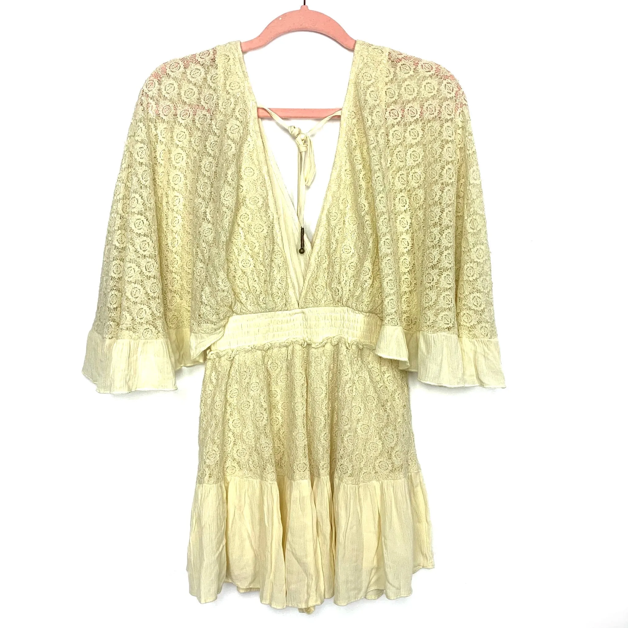 Free People Light Yellow Crochet Lace V-Neck Button Detail Romper (looks like a dress!) NWT- Size S