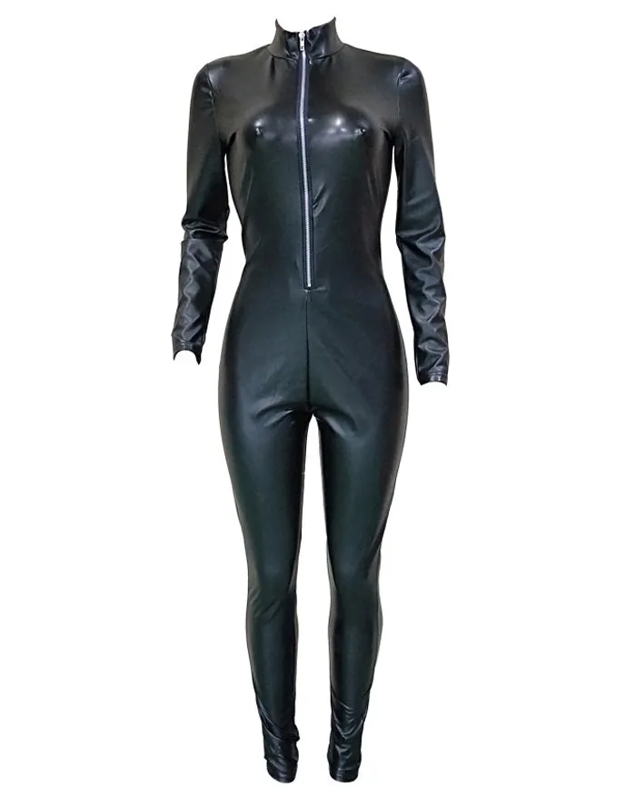 Front Zip Pu Leather Jumpsuit