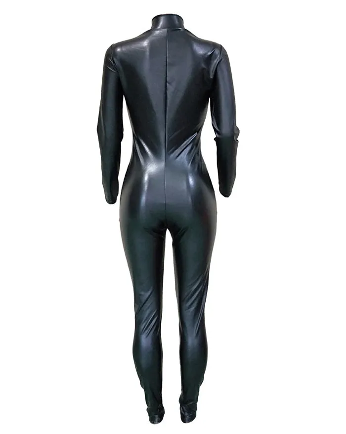 Front Zip Pu Leather Jumpsuit