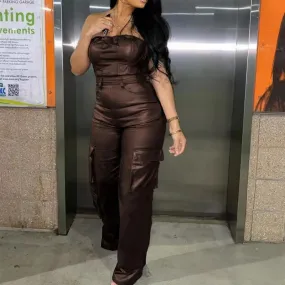 Girlary-shop outfit inspo New Women's Sexy Strapless Tube Top Tight Waist PU Leather Jumpsuit