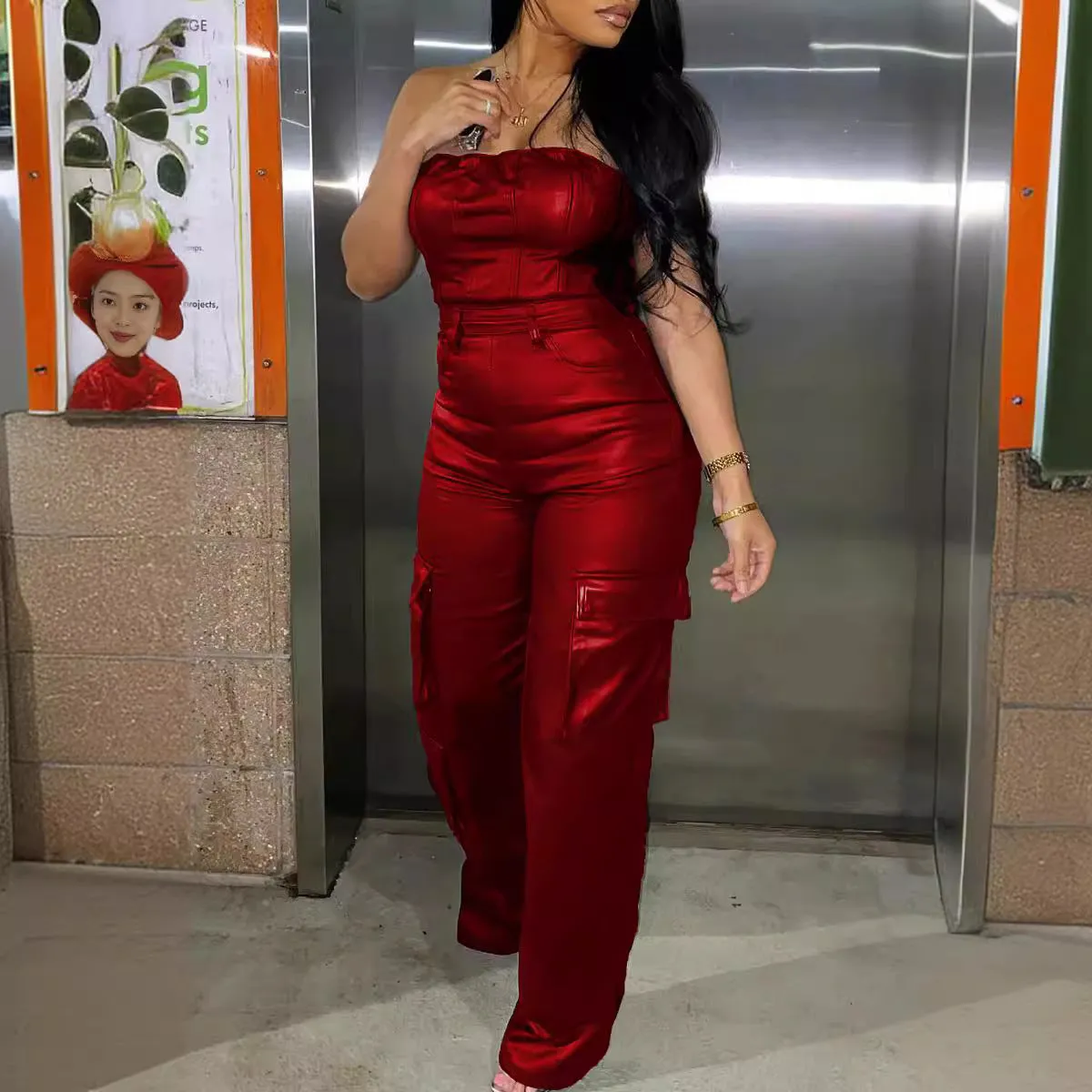 Girlary-shop outfit inspo New Women's Sexy Strapless Tube Top Tight Waist PU Leather Jumpsuit