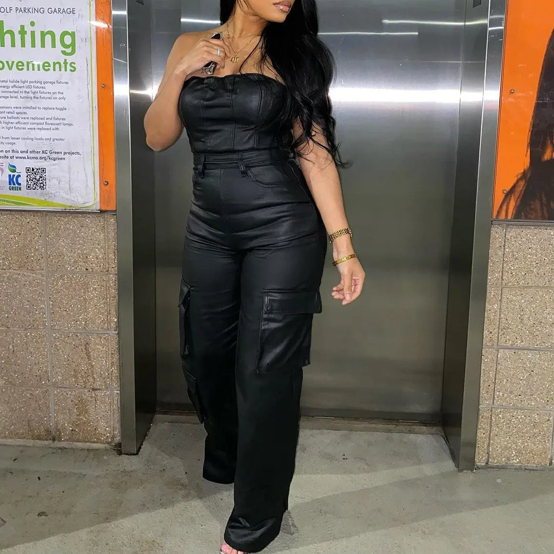Girlary-shop outfit inspo New Women's Sexy Strapless Tube Top Tight Waist PU Leather Jumpsuit