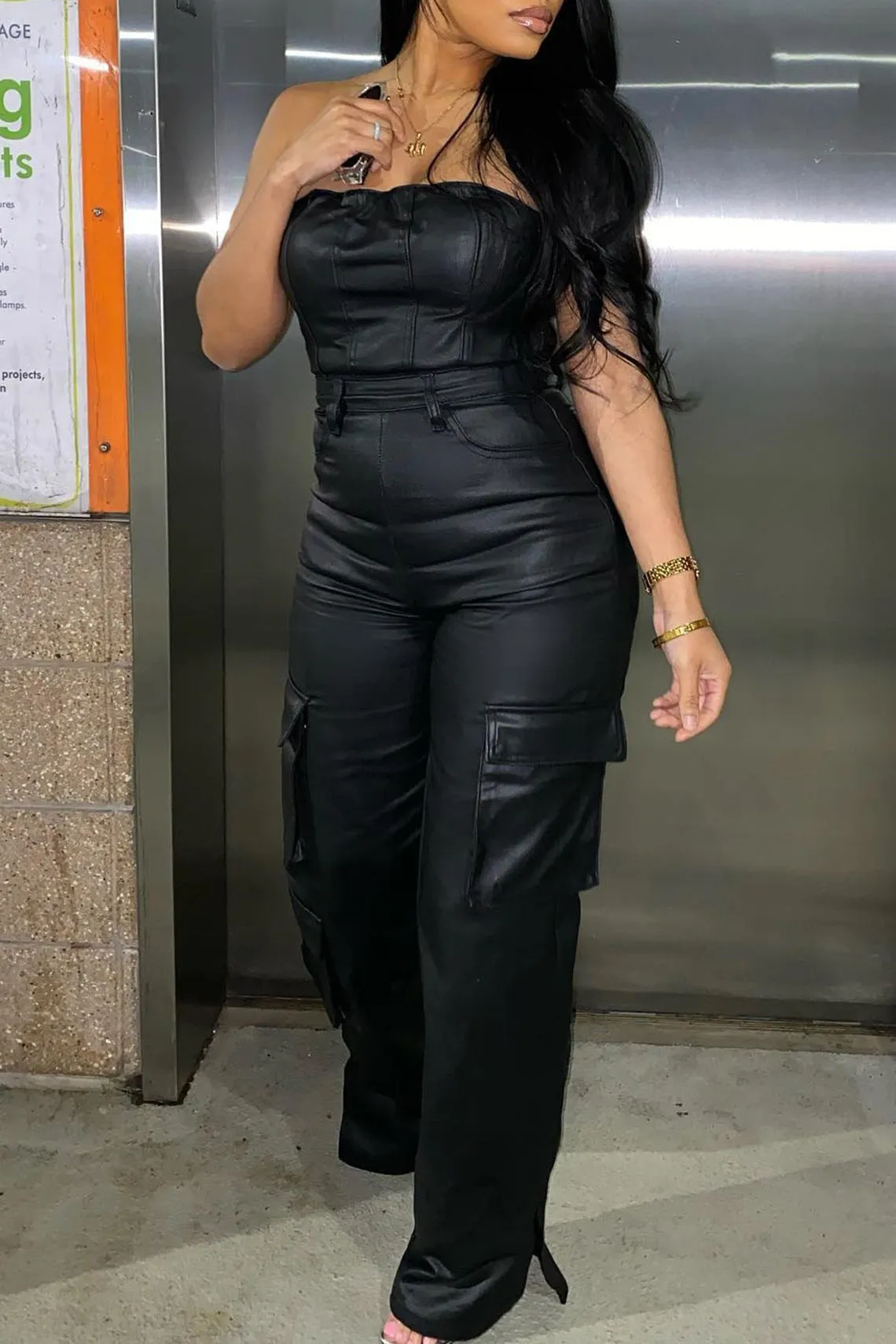 Girlary-shop outfit inspo New Women's Sexy Strapless Tube Top Tight Waist PU Leather Jumpsuit