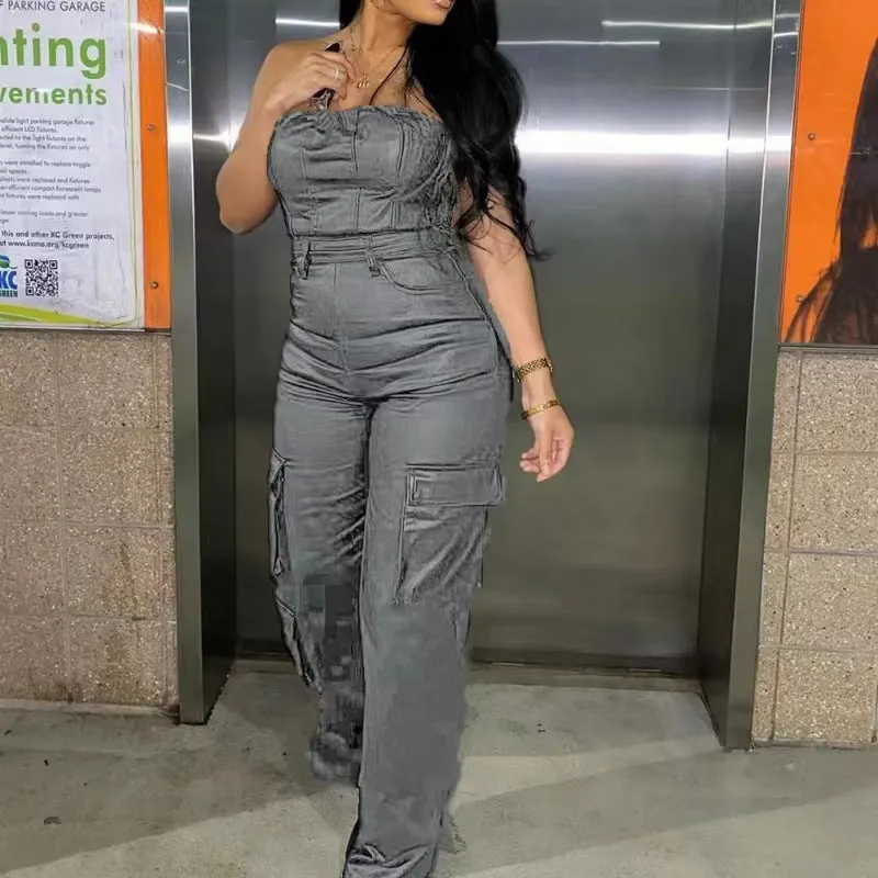 Girlary-shop outfit inspo New Women's Sexy Strapless Tube Top Tight Waist PU Leather Jumpsuit