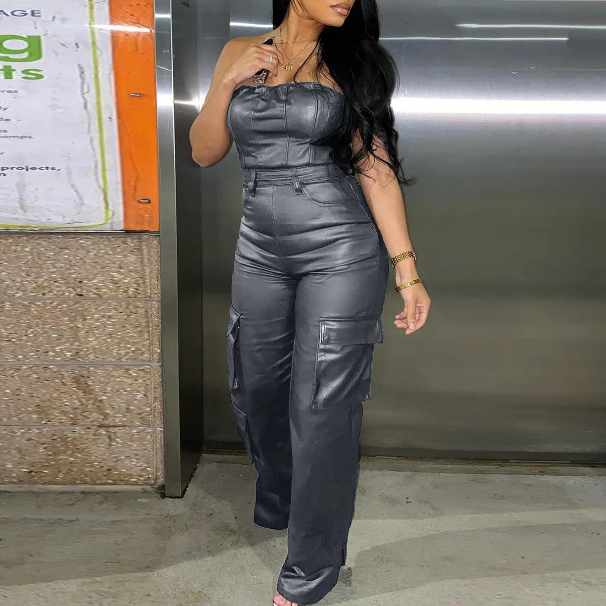 Girlary-shop outfit inspo New Women's Sexy Strapless Tube Top Tight Waist PU Leather Jumpsuit