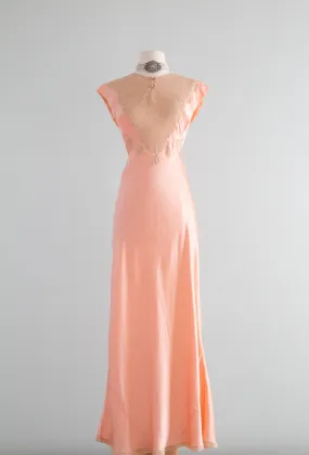 Gorgeous  Old Hollywood 1930's Peach Silk Charmeuse Bias Cut Slip Dress / SM