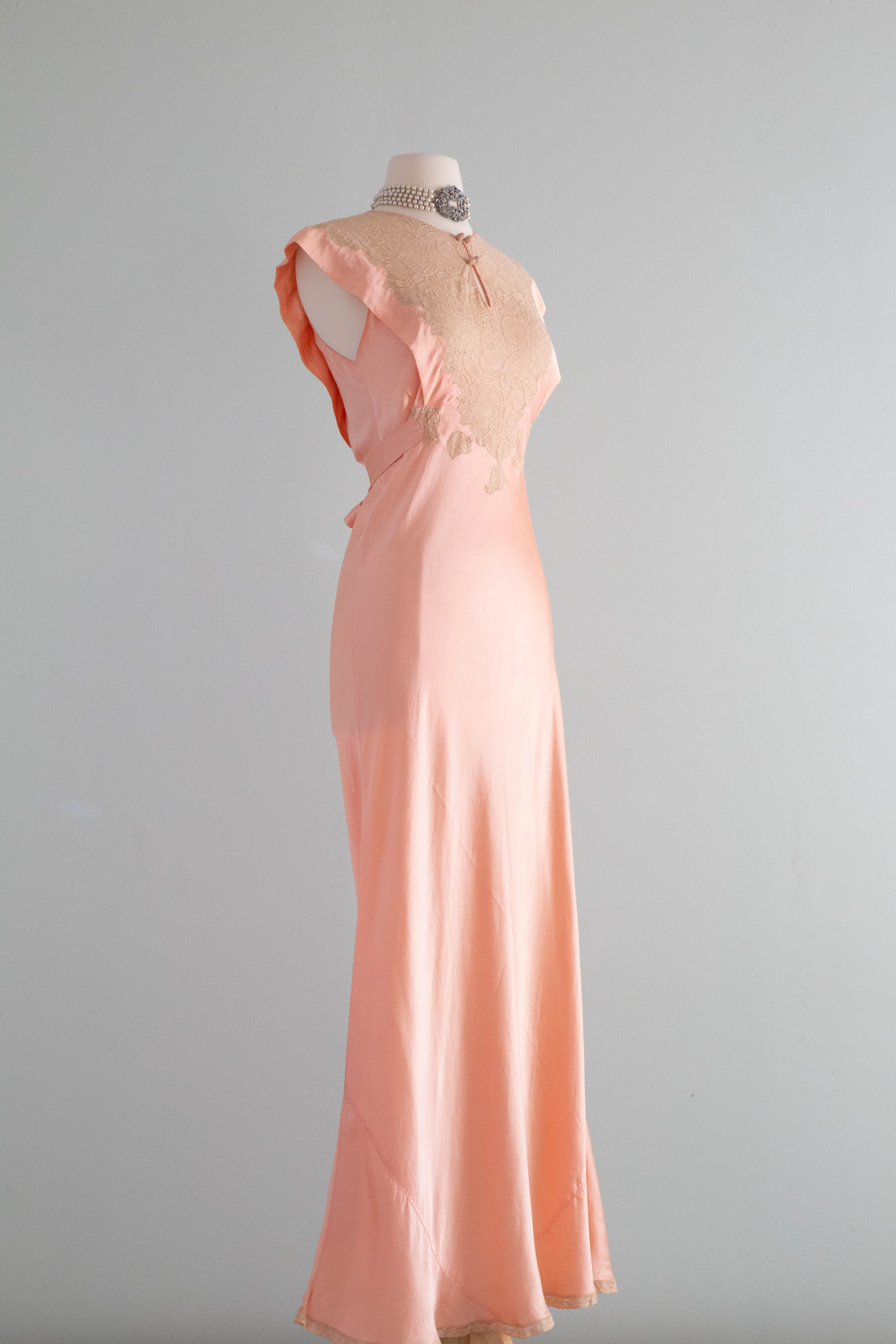 Gorgeous  Old Hollywood 1930's Peach Silk Charmeuse Bias Cut Slip Dress / SM