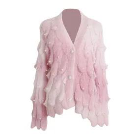Gradient Casual Loose Knitting Sweaters For Women V Neck Long Sleeve Patchwork Pearls Temperament Sweater Female